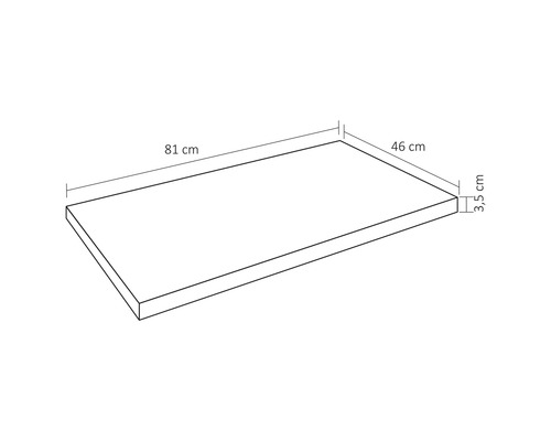 Pohľad zhora na pracovnú dosku s rozmermi 81 cm dĺžka, 46 cm šírka a 3,5 cm výška