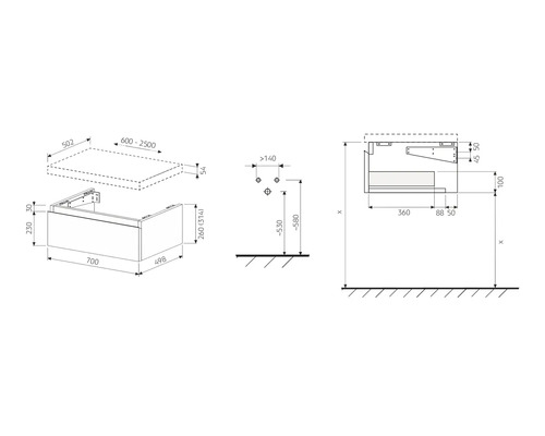 Technický nákres skrinky pod umývadlo s rozmermi