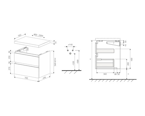 Technický nákres skrinky pod umývadlo s rozmermi