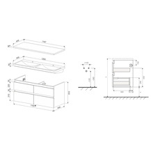 Technický nákres skrinky pod umývadlo s rozmermi
