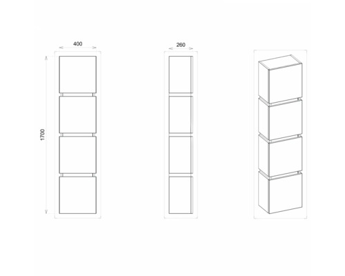 Technický nákres vysokej kúpeľňovej skrinky so štyrmi priehradkami s rozmermi 1700 x 400 x 260 milimetrov.