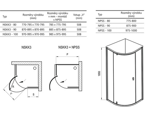 Technický nákres sprchovacieho kúta s rozmermi a typovým označením