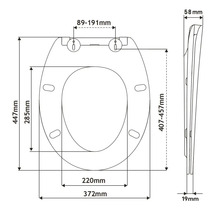 Technický nákres WC sedadla s rozmermi.