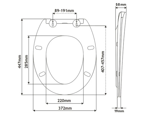 Technický nákres WC sedadla s rozmermi.