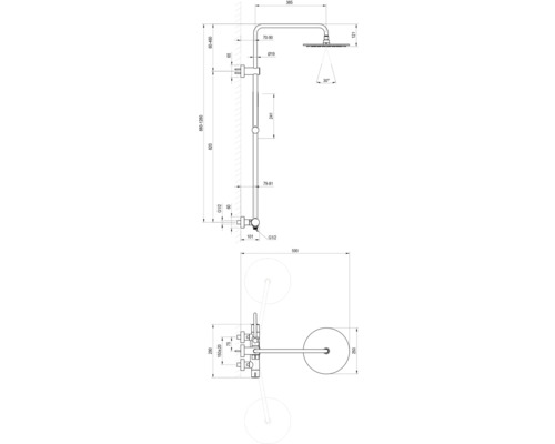 Technický výkres sprchového systému s rozmermi.