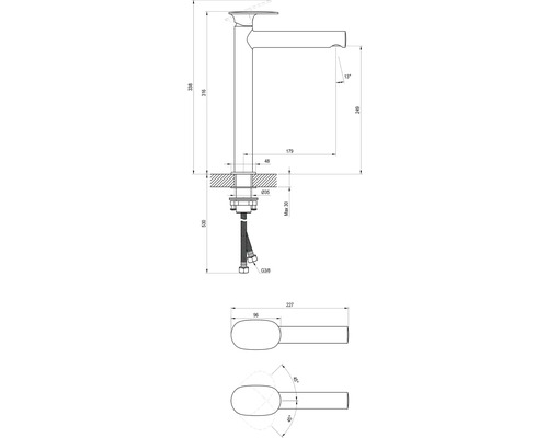 Technický nákres umývadlovej batérie s rozmermi