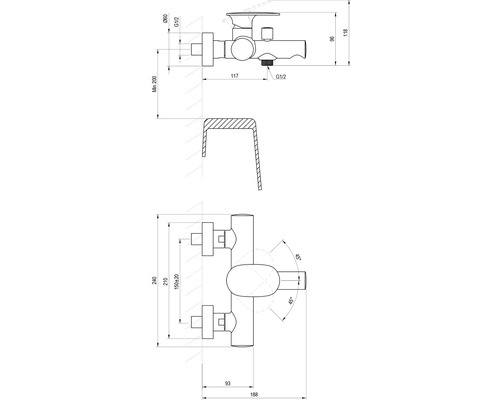 Technický výkres armatúry s rozmermi.