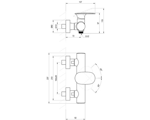 Technický nákres sprchovej batérie s rozmermi