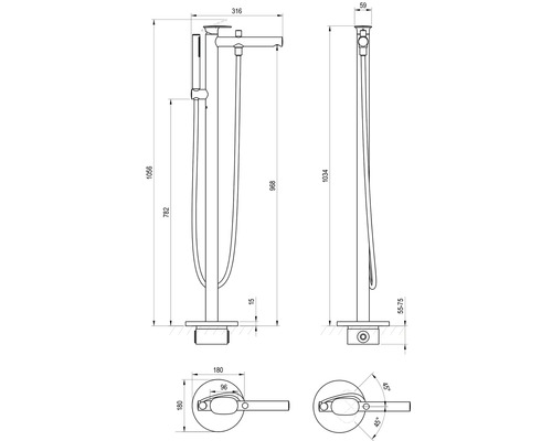 Technický nákres voľne stojacej vaňovej batérie s ručnou sprchou a rozmermi