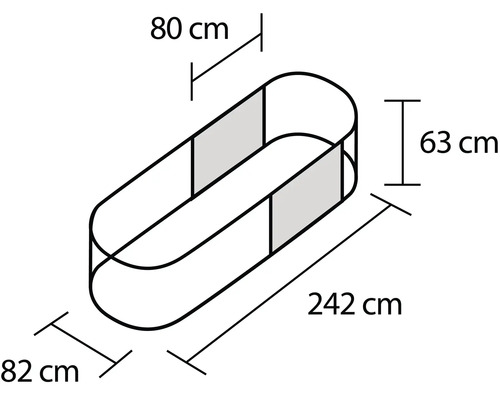 Ilustrácia oválneho vyvýšeného záhona s rozmermi 242 cm dĺžka, 82 cm šírka a 63 cm výška.