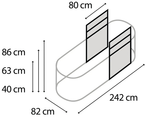 Technický nákres dvojitého umývadla s rozmermi 242 centimetrov dĺžka, 82 centimetrov šírka a 86 centimetrov výška