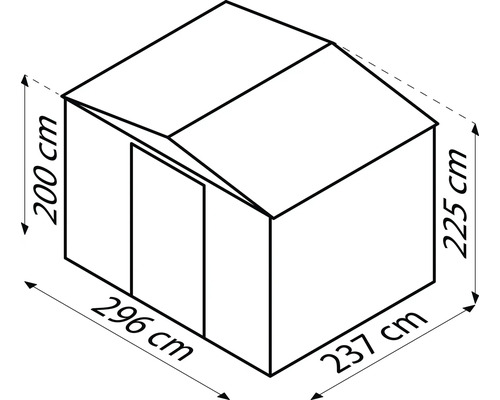 Rozmery záhradného domčeka: 296 cm x 237 cm x 225 cm, výška: 200 cm