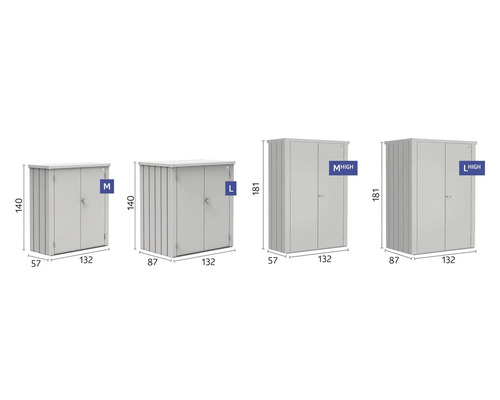 Obrázok rôznych kovových kôlní na náradie vo veľkostiach M, L, M vysoká a L vysoká s rozmermi