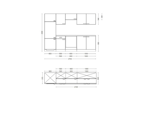 Technický nákres kuchynskej linky s rozmermi.