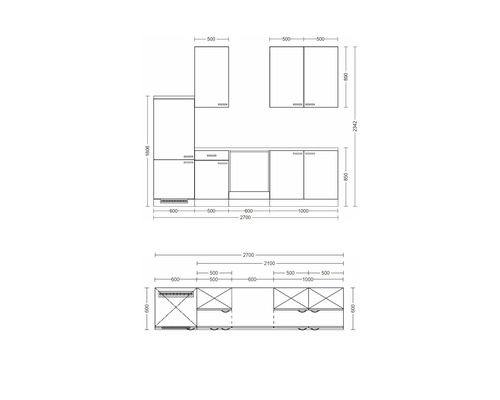 Nákres kuchynskej linky s rozmermi pre plánovanie kuchyne