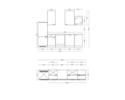 Technický nákres kuchyne s rozmermi.