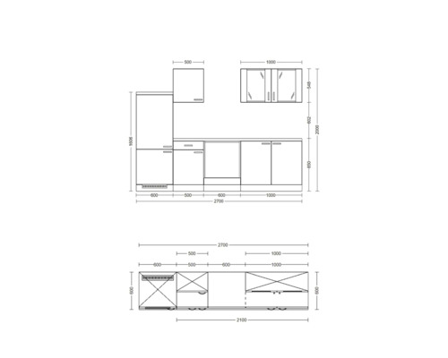 Návrh kuchyne s rozmermi pre spodné skrinky, horné skrinky a spotrebiče