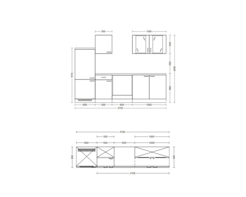 Nákres kuchynskej linky s rozmermi.