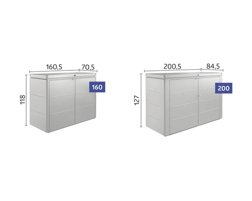 Obrázok dvoch skríň na náradie v rôznych veľkostiach s rozmerovými údajmi