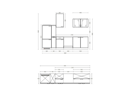 Technický nákres kuchyne s rozmermi