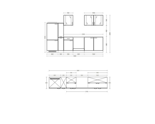 Rozmerový výkres kuchynskej linky so spodnými skrinkami, pracovnou doskou a hornými skrinkami s rozmermi