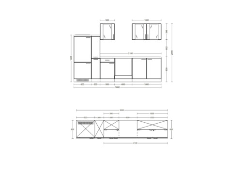 Nákres kuchynskej linky s rozmermi pre plánovanie kuchyne