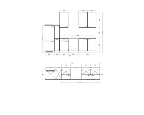 Technický nákres kuchyne s rozmermi