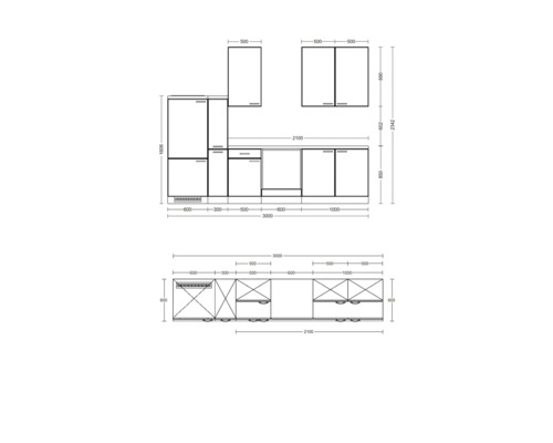 Technický výkres kuchyne s rozmermi.