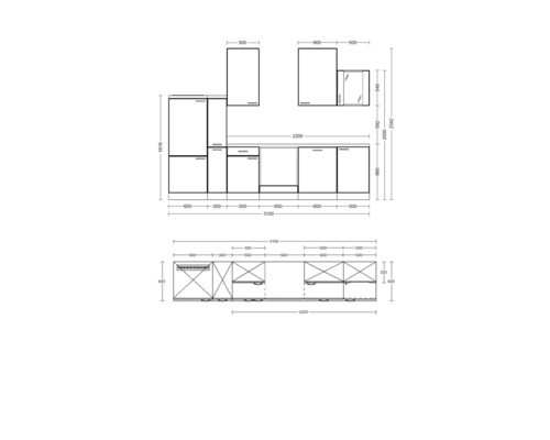 Rozmerový nákres kuchynskej linky so závesnými skrinkami, spodnými skrinkami a pracovnou doskou.