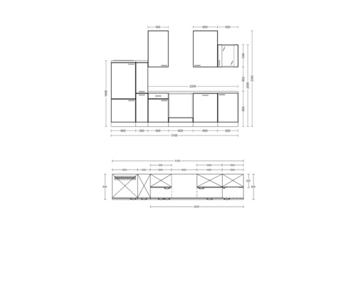 Technický nákres kuchynskej linky s rozmermi.