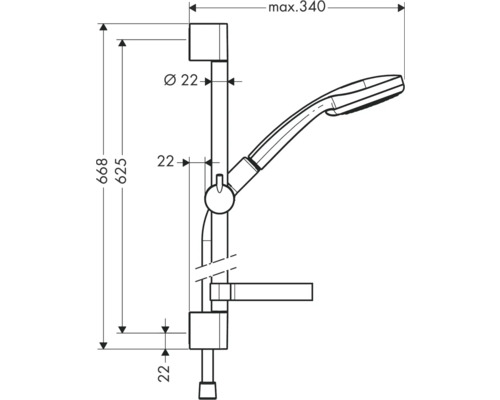 Technický výkres sprchovej tyče s ručnou sprchou a rozmermi