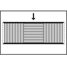 Znázornenie posuvného dverového systému s vertikálnymi a horizontálnymi lamelami a šípkou dole.