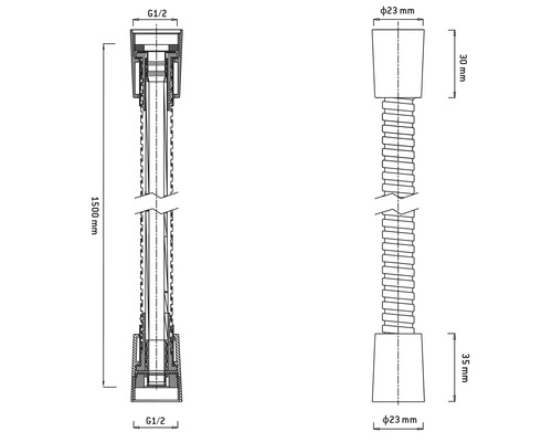 Technický nákres predlžovacej rúrky sifónu s rozmermi 1500 mm dĺžky a G1/2 pripojením