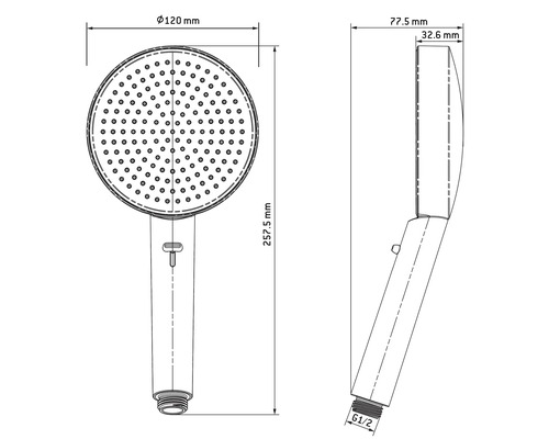 Technický nákres sprchovej hlavice s rozmermi