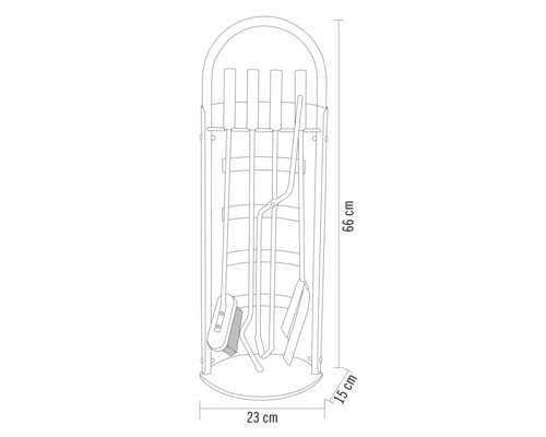 Rozmery stojana na krbové náradie s príslušenstvom, výška 66 centimetrov, šírka 23 centimetrov, hĺbka 15 centimetrov