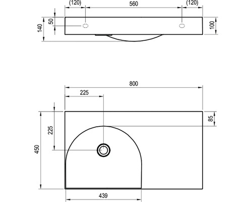 Technický nákres umývadla s rozmermi