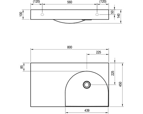 Technický nákres umývadla s rozmermi