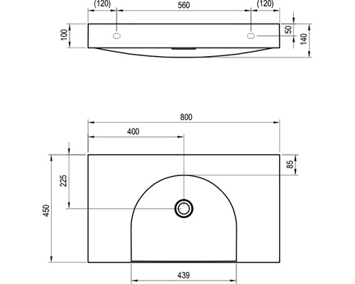 Technický nákres umývadla s rozmermi
