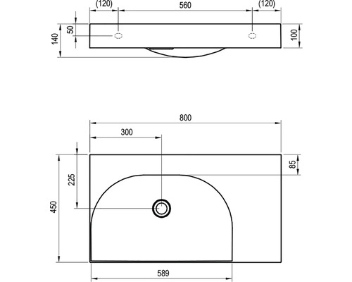 Technický nákres umývadla s rozmermi