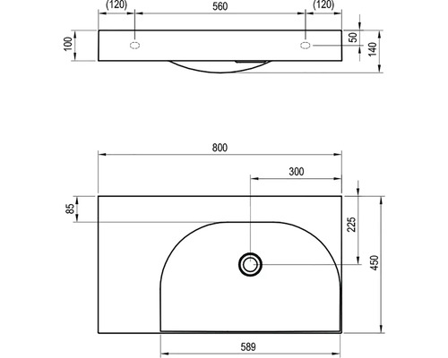 Technický nákres umývadla s rozmermi