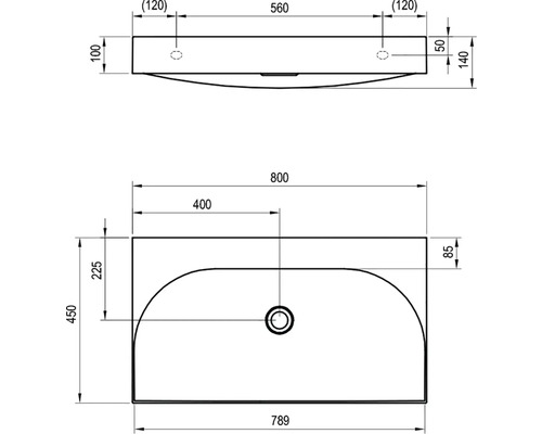 Technický nákres umývadla s rozmermi