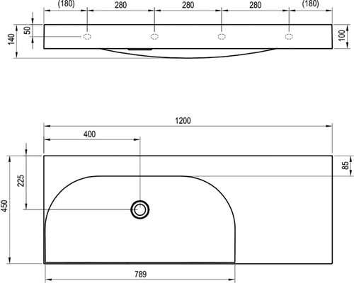 Technický nákres umývadla s rozmermi