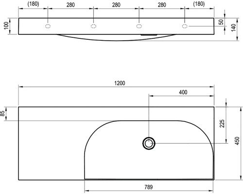 Technický nákres umývadla s rozmermi