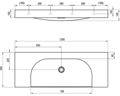Technický nákres umývadla s rozmermi