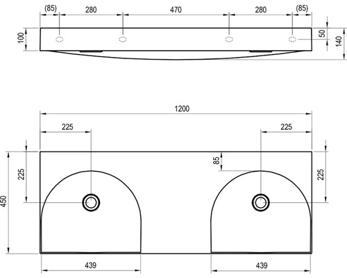 Technický nákres umývadla s dvojitým umývadlom a rozmermi