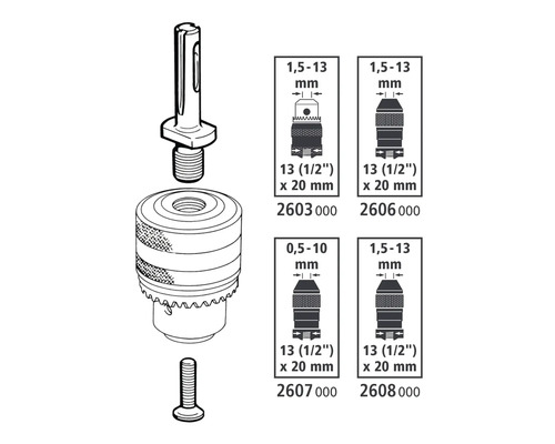 Vŕtacia hlava s nástavcom a skrutkou a schematické zobrazenia rôznych veľkostí