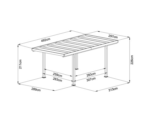 Rozmery altánku: šírka 492 centimetrov, hĺbka 297 centimetrov a výška 226 centimetrov