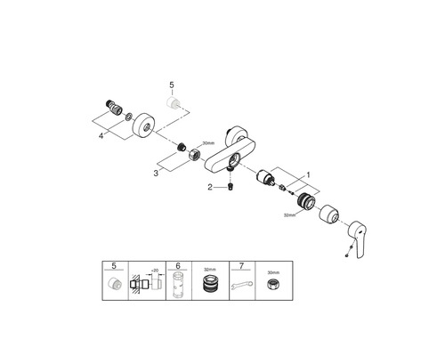 Rozkreslený nákres armatúry s rôznymi súčasťami a ich označeniami