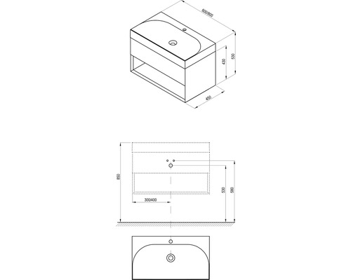 Technický nákres skrinky pod umývadlo s rozmermi