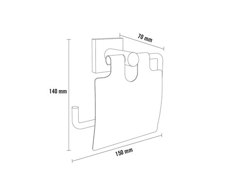 Technický nákres držiaka toaletného papiera s rozmermi 140 mm na výšku, 70 mm na šírku a 150 mm do hĺbky.